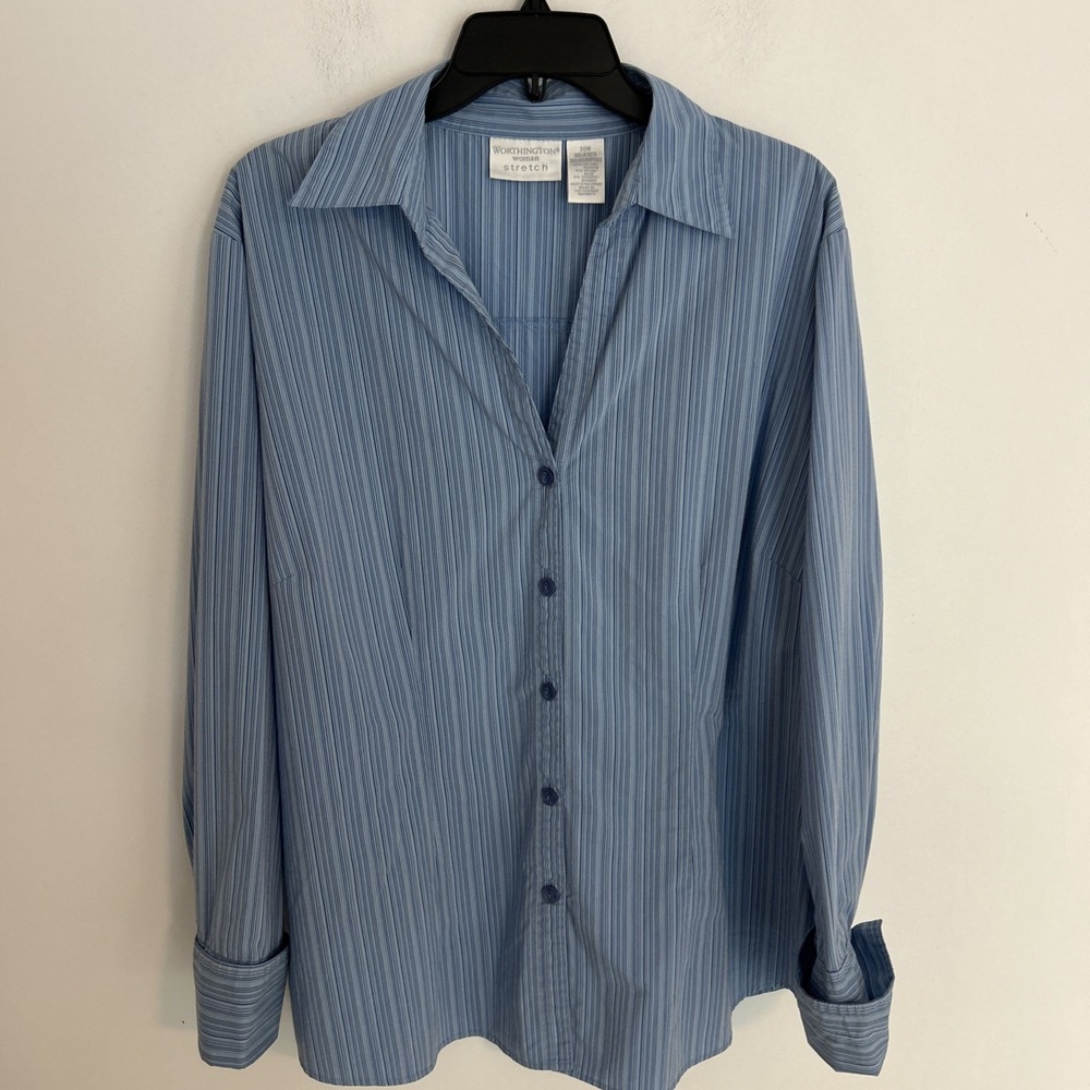 Worthington Women Stretch Sz 20W Long Sleeve V-Neck Button-up Blue Stripe Blouse